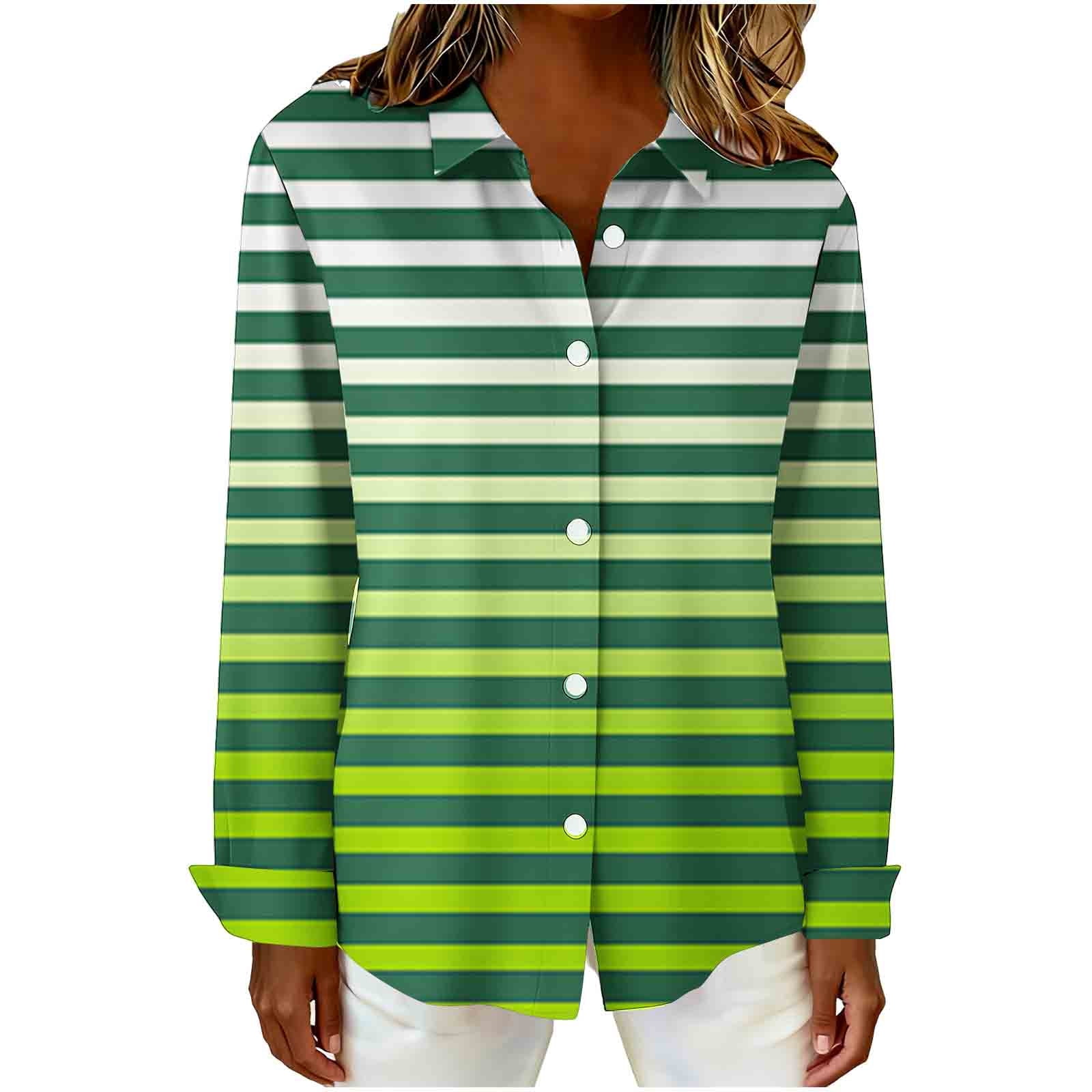 ylioge Shirts for Women Plus Size S-5X Long Sleeve Button-Down Collared Blouses Womens Trendy Stripe Printed Breathable Hawaiian Beach Tops