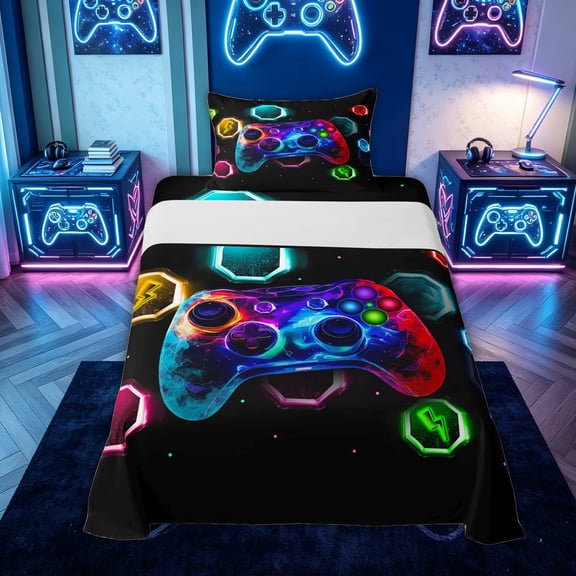 meiyoeat Neon Gamepad Gaming Twin Sheets for Kids Boys, Gamer Controller Bedding for Bedroom, Black, 3 Pieces