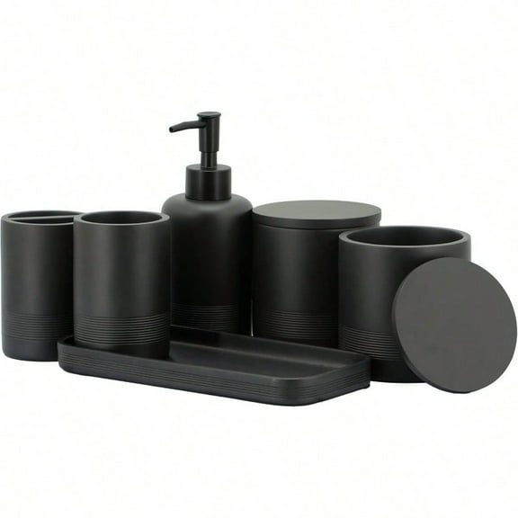 Black Matte Bathroom Accories Set 6 Pieces - Toothbrush Holder Lotion Dispenser Qtip Container Vanity Tray Tumbler - Countertop Organizer for Bathrooms - Elegant and Functional Decor Set