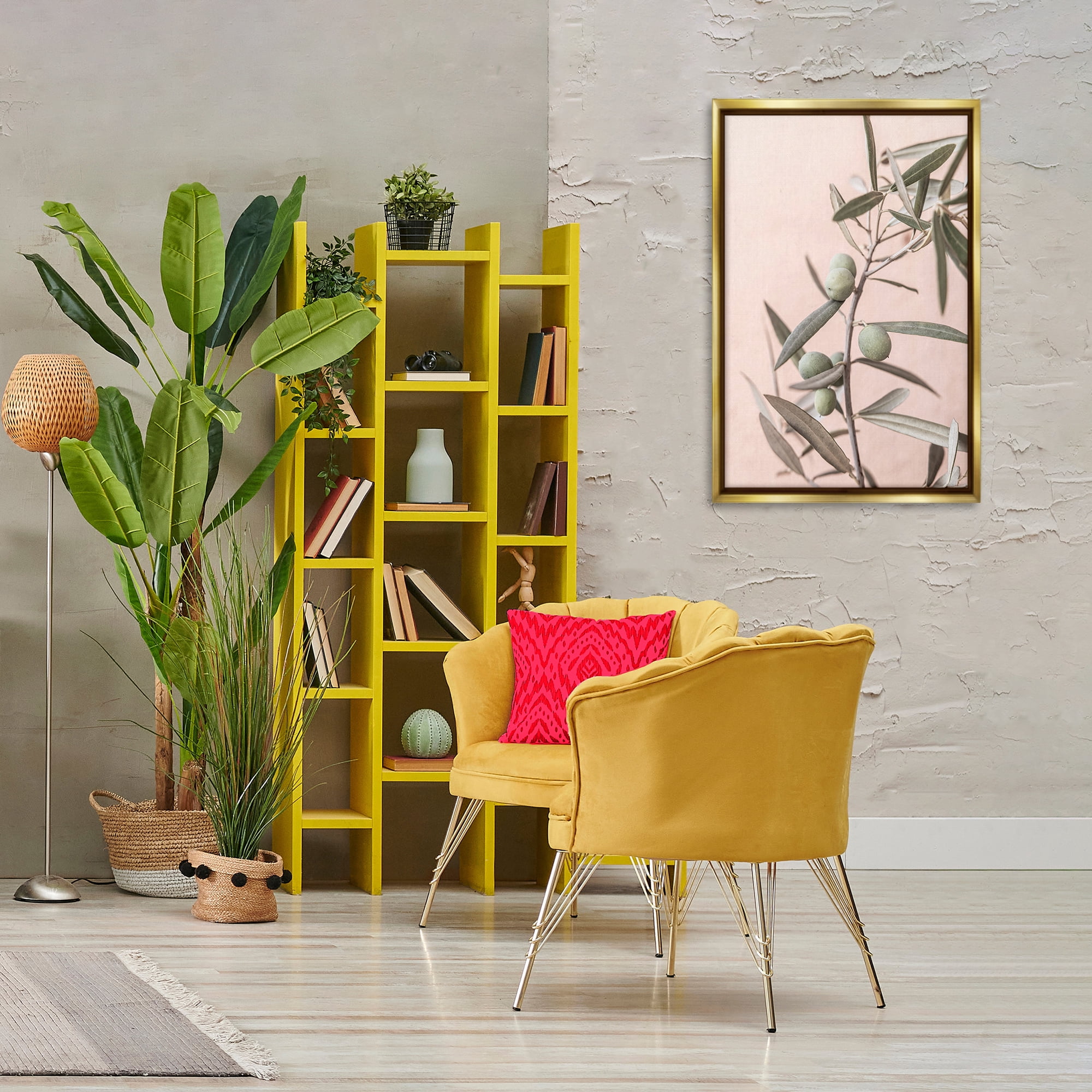 Stupell Industries Spanish Olive Branch Plants & Flowers Painting Gold Floater Framed Canvas Art Print Wall Art, 21 x 31