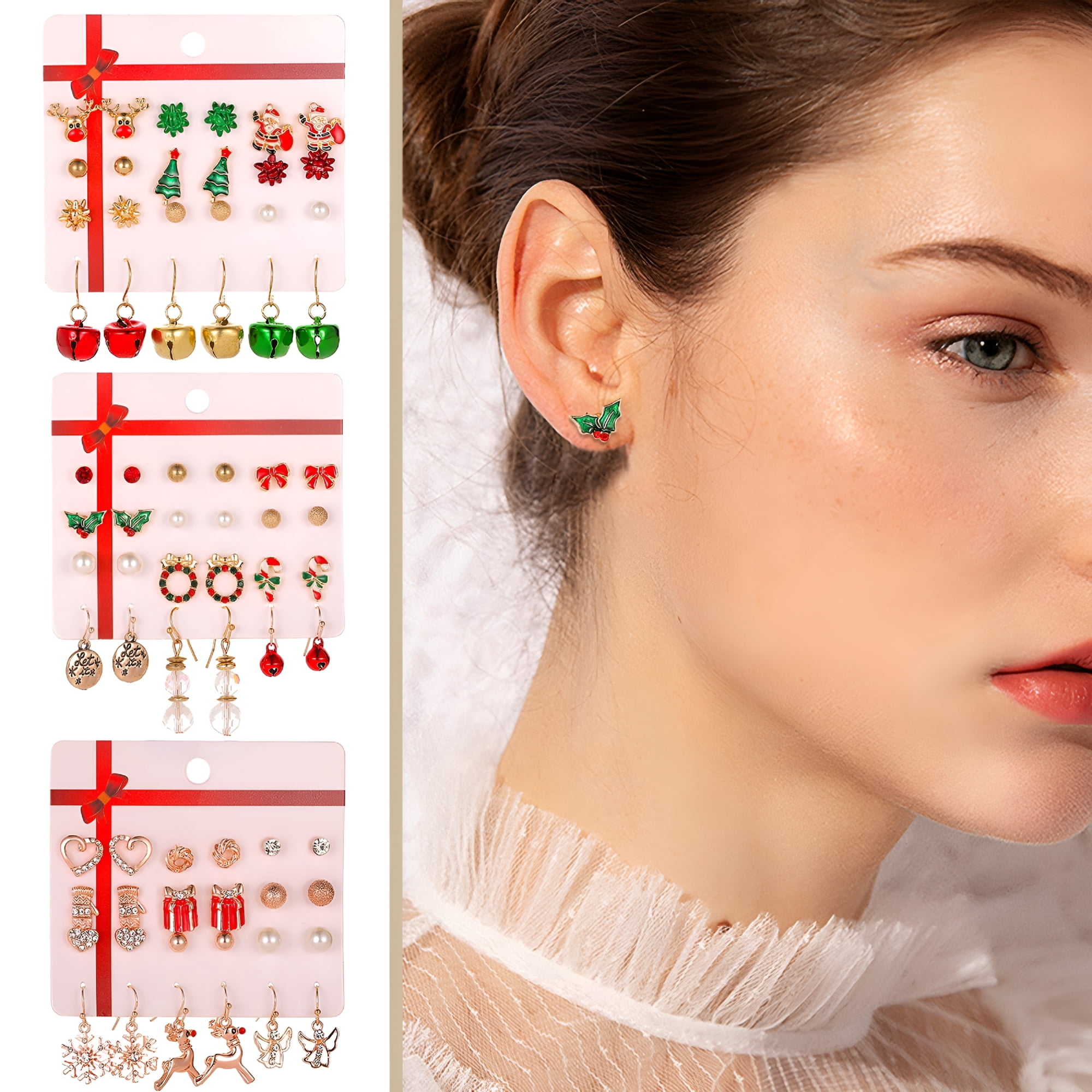 DESIGNICE 2026 New 18 Pairs Christmas Earrings for Women Xmas Holiday Dangle Earrings Christmas Stud Tree Snowflake Bow Bells Light Earrings Bulk Cute Christmas Party Jewelry Gifts