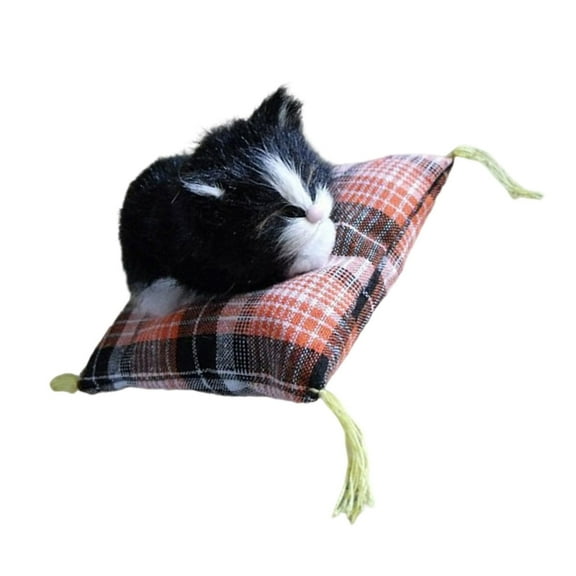 Realistic Sleep Cats Doll Plush Furry Animal Statue with Soft Mat Bed Stuffed Pet Doll for Adults Birthday
