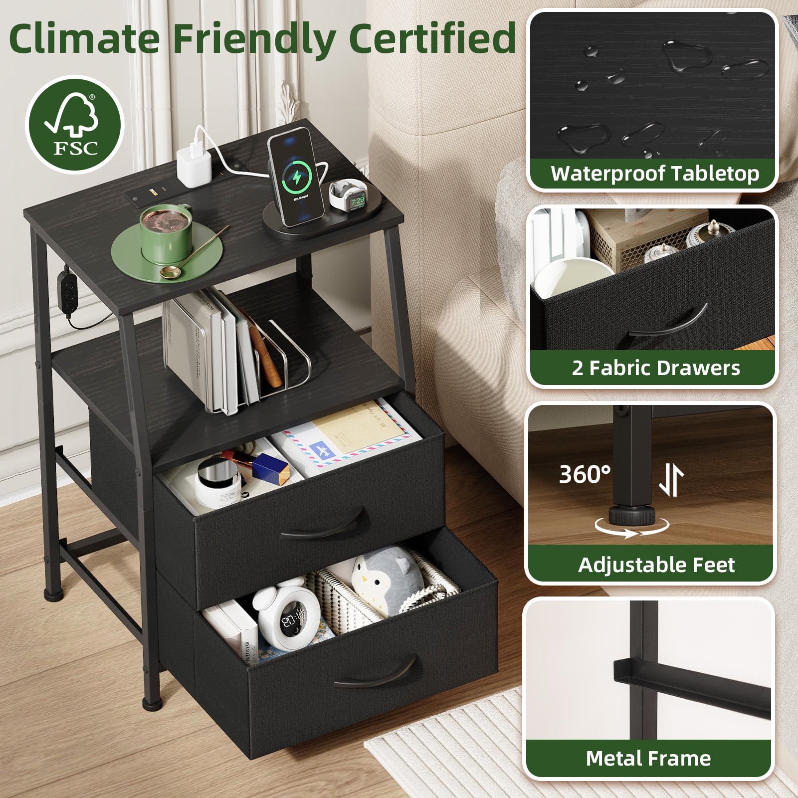 Eunos Small Nightstand with Charging Station for Bedroom, 2 Black Drawer Dresser with Storage Shelfs