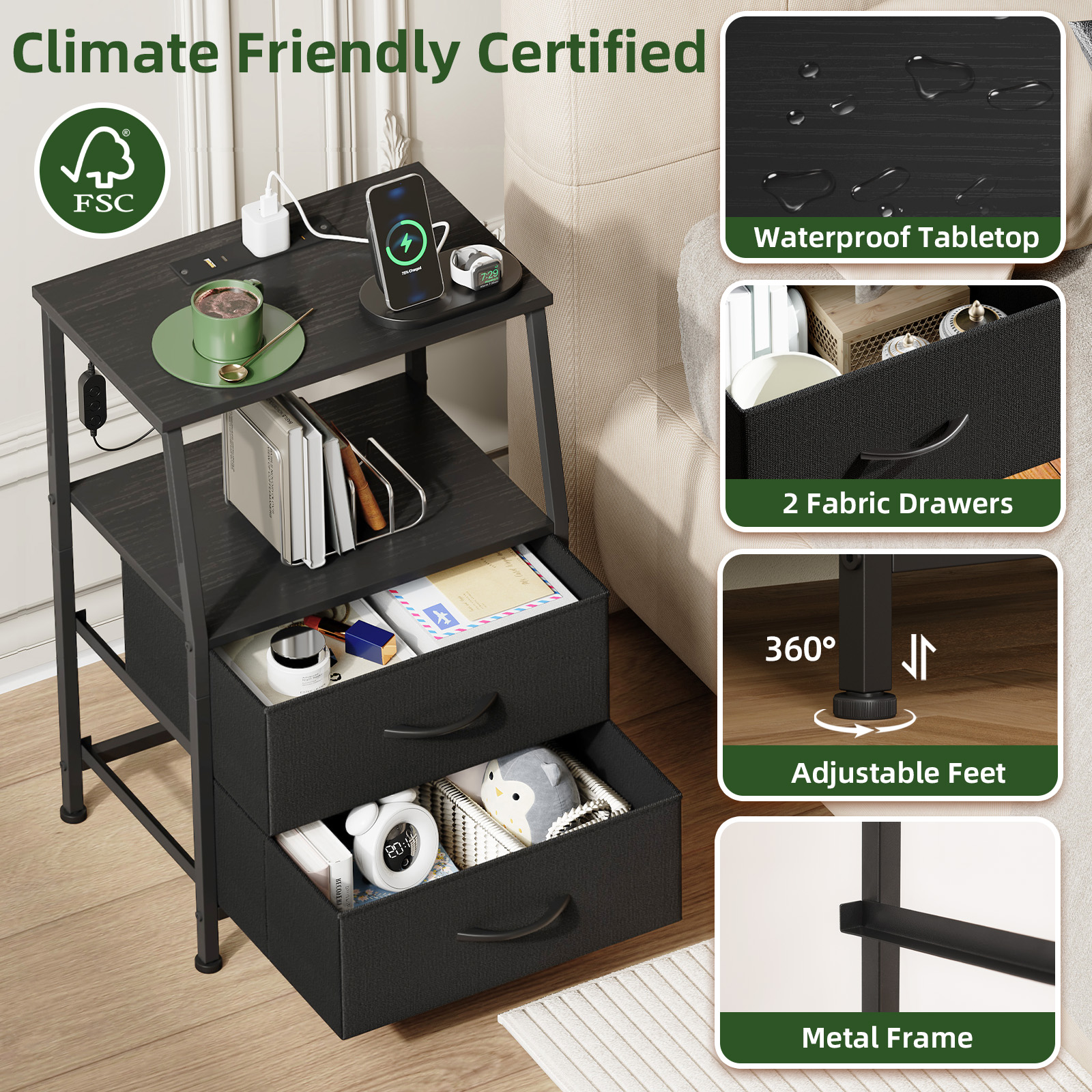 Eunos Black Nightstand with Charging Station, Set of 2 photo 4