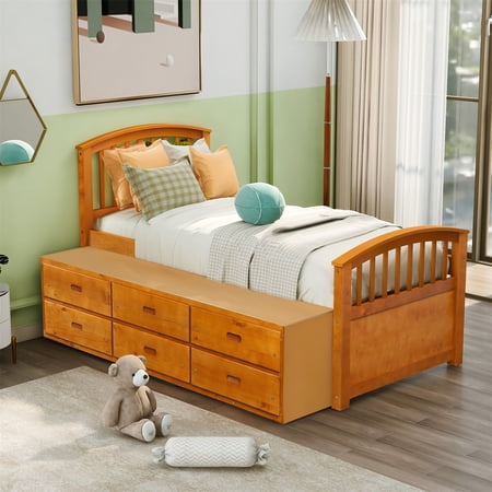 Twin Size Platform Bed  Solid Wood Storage Bed with 6 Drawers  Platforma Bed Frame with 10 Wood Slat Support  Larger Storage Space for Girls & Boys  Oak