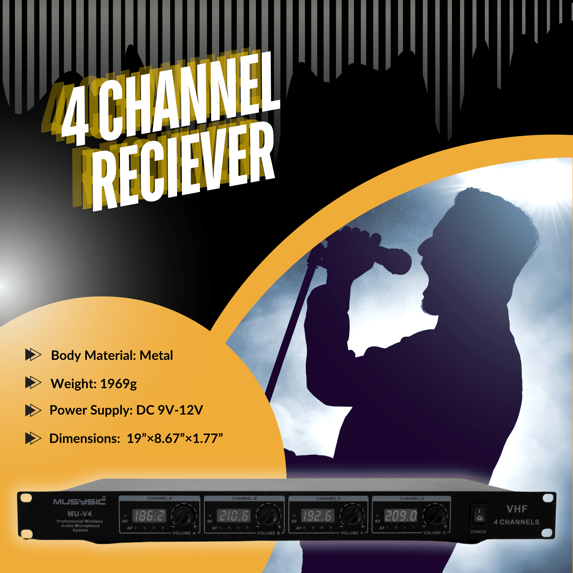 MUSYSIC MU‑V4‑HL Professional 4‑Channel VHF Wireless Microphone System – 2 Handheld + 2 Lavalier/Headset Mics, Long‑Range, Individual Volume Control, Rackmount Receiver