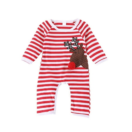 

EHTMSAK Newborn Infant Baby Toddler Long Sleeve Striped Jumpsuit for Girl Cotton Clothes Cartoon Romper Red 0-24M 90
