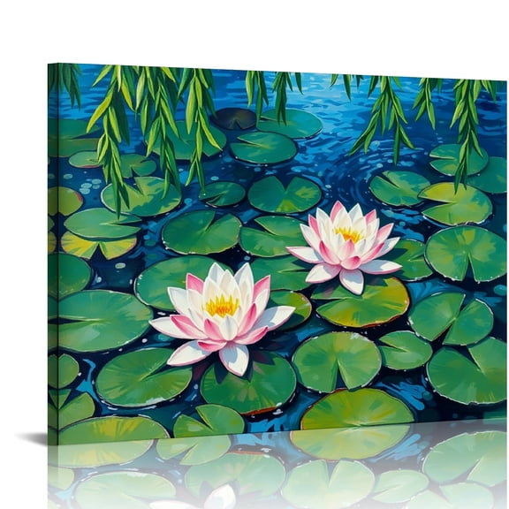 RKSupls Water Lily Willow Pond Canvas Wall Art, Vibrant Impressionist Nature Wall Decor Print, Modern Artwork for Living Room Bedroom Office Home Decor,16x12in