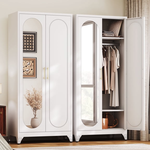 SteeLoong 70" Armoire Wardrobe Closet with Mirror, Modern Adult Armoire Storage with Hanging Rods and Multi-Layer Shelves