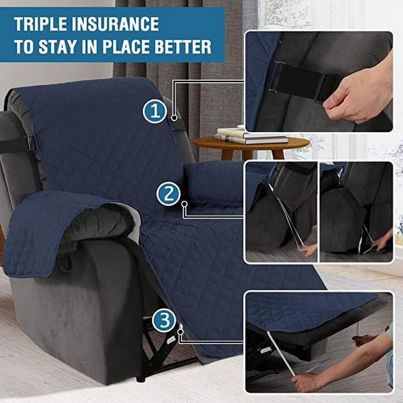 SHANNA Sofa Covers for Armchair, Water Repellent Reversible Quilted Sofa Slipcovers, Non Slip Sofa Covers 1 Seater, Furniture Protector with Elastic Strap for Pets Kids Dog Cat, Navy Blue, 1-Seater