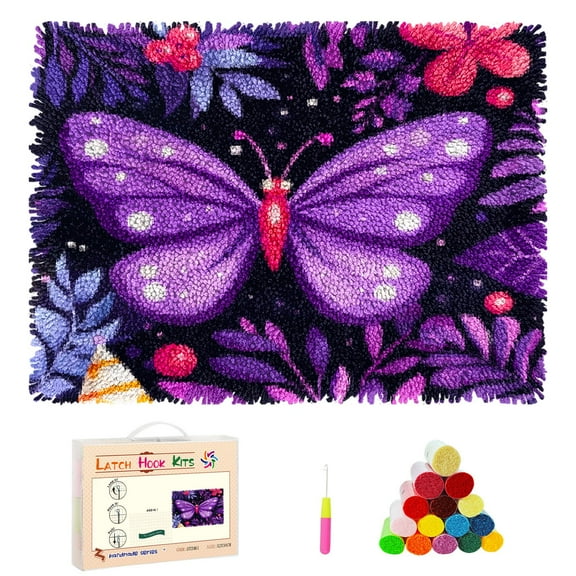 DIY Latch Hook Rug Kits Cartoon Butterfly and Night Flower Stamped Non-slip Mat Crocheting Yarn Hook and Latch Emboridery Tapestry for Home Floor Decor and Pet Warm Cushion 52x38cm(93)