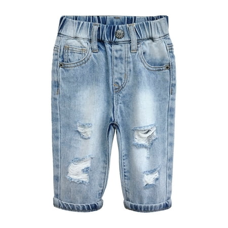 KIDSCOOL SPACE Infant Jeans,Baby Toddler Elastic Waist with D-ring 4 Ripped Holes Denim Pants,Light Blue,6-9 Months