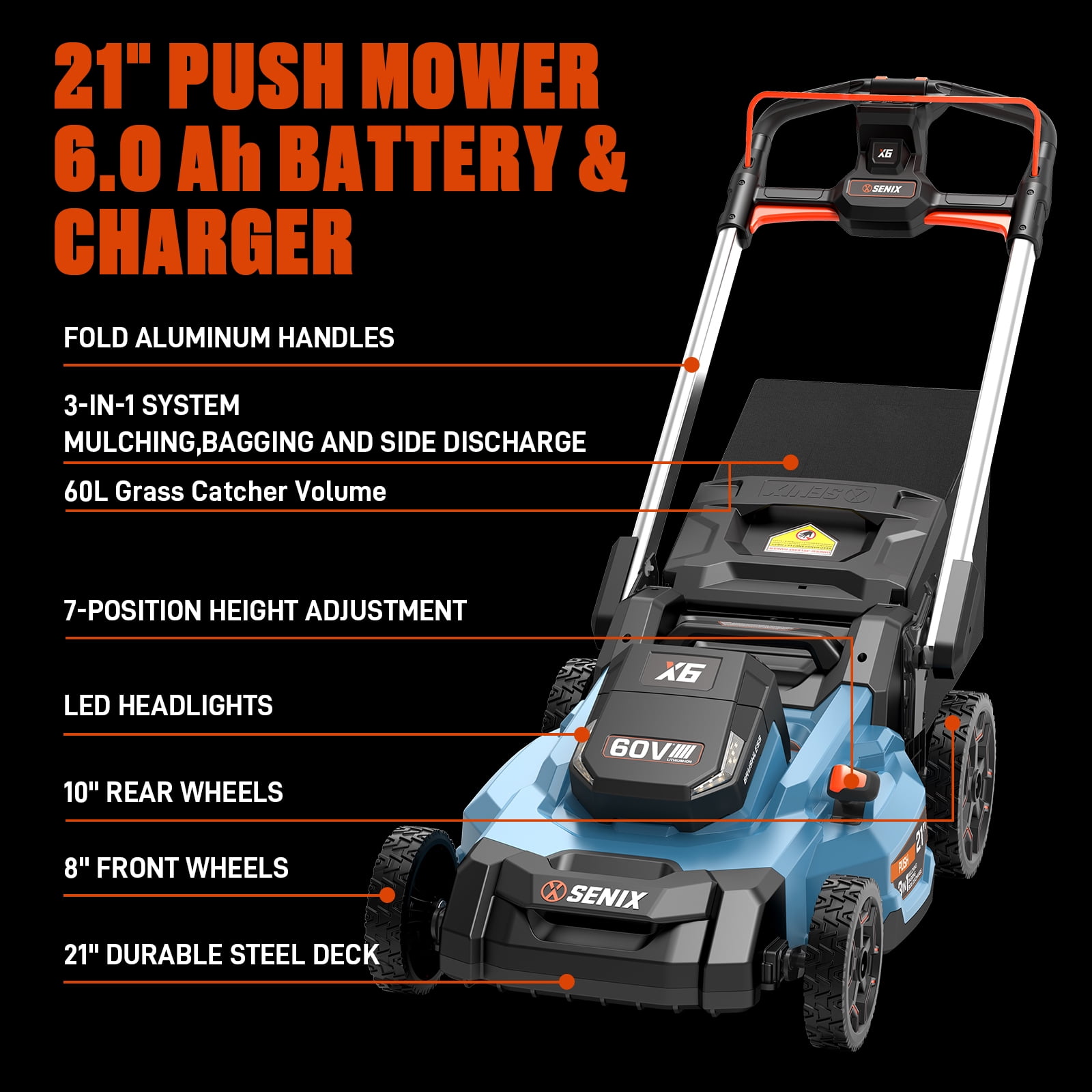 Senix X6 60V Max Cordless Brushless Lawn Mower, 21in Blade, 22in