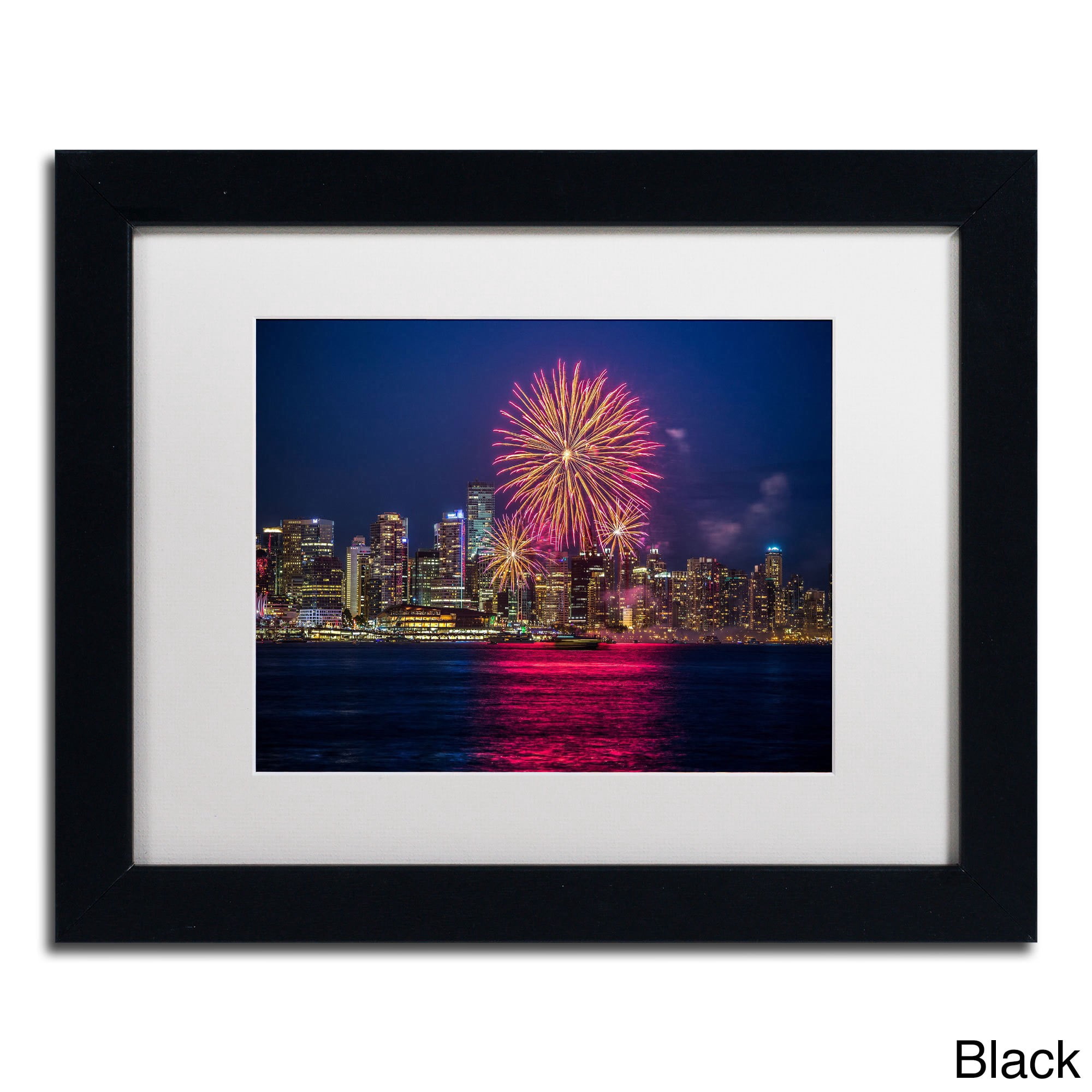 Trademark Fine Art "Vancouver Fireworks" Canvas Art by Pierre Leclerc, White Matte/Wood Frame