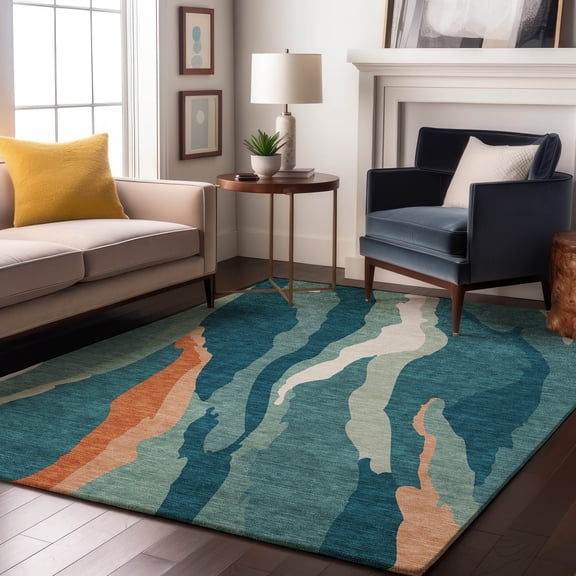 Addison Rugs Mayfield Premium Machine Washable Transitional Waves Teal Rectangle Rug, 8' x 10'