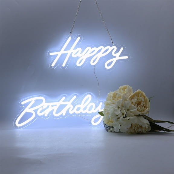Qomolangma Happy Birthday Cold White LED Neon Sign for Any Age Birday Party Home Decoration Gift 18X7.05 in 13.3X6.2 in