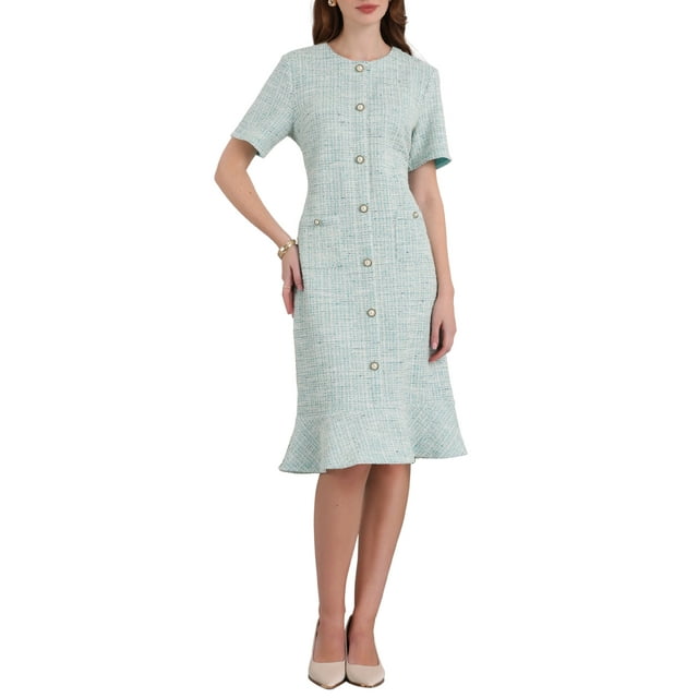 INSPIRE CHIC Vestido de Sirena de Manga Corta para Mujeres 2025 Elegante Vestido de Trabajo de Cola de Pez de Tweed Cuerpo Ajustado M Cian