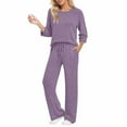 thumbnail image 2 of FINALGANG Women's 2 Piece Loungewear Outfit Solid Color Knit Homewear Set Long Sleeve Crewneck Tunic Wide Leg Pants For Daily Home Relaxation Soft Set, 2 of 4