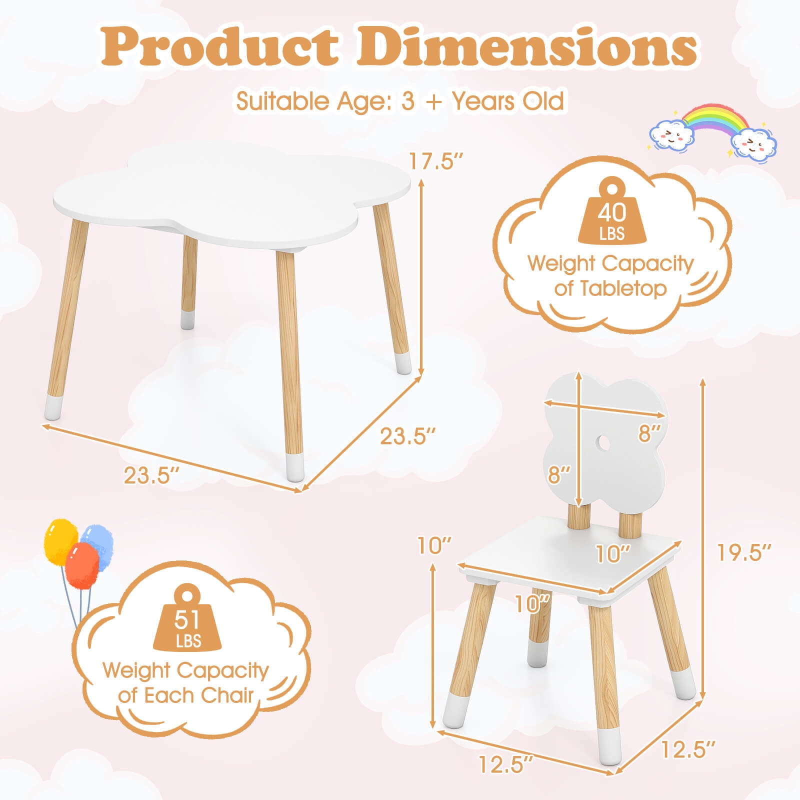 Costway Flower-shaped Kids Table Set with 2 Child-sized Chairs Solid Pine Wood Legs White