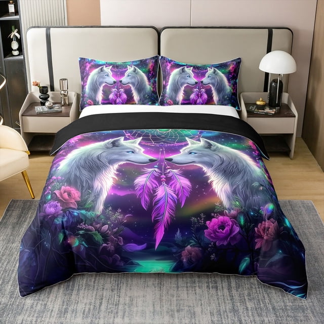 Erosebridal Housse de Couette Boho Loup 100 % Coton Taille Grand, Ensembles de Literie Florale Attrape-Rêves Taille Grand, Décor Animal Sauvage, Réversible (Sans Couette)