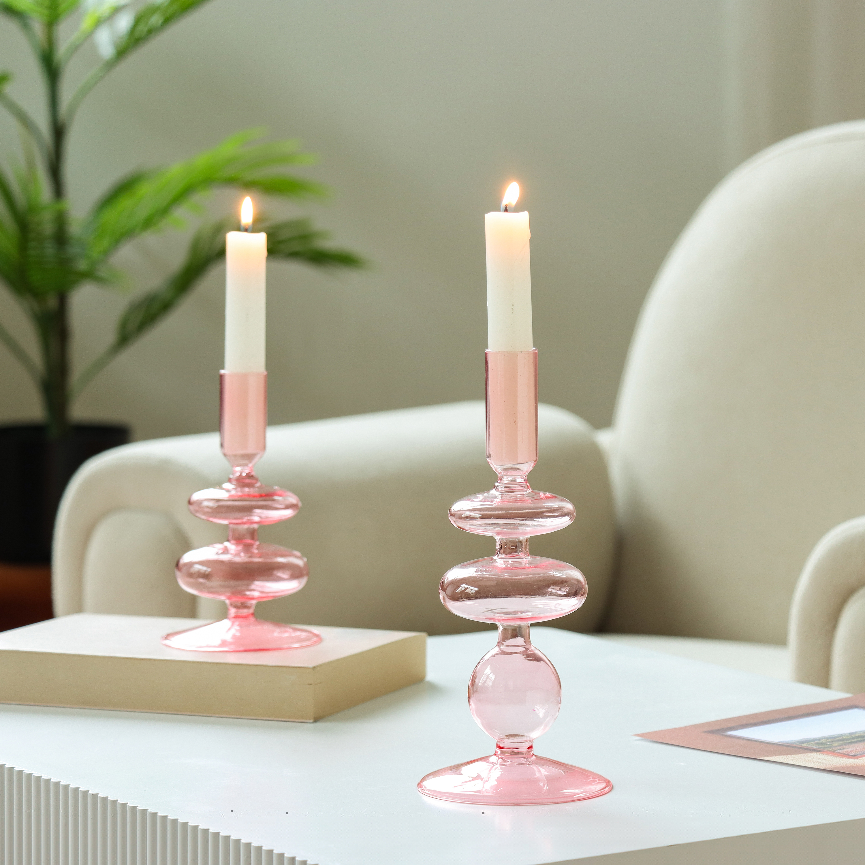thumbnail image 5 of Mainstays Pink Translucent 7.87" Tall Glass Bubble Shaped Tabletop Taper Candle Holder, Large, 5 of 15