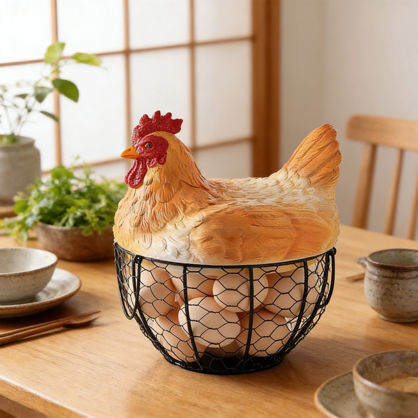 Chicken Egg Basket, Resin Egg Collection Baskes with Ceramic Lid for Gathering Fresh Eggs, Chicken Egg Holder, Decorative Farmhouse Cute Eggs Storage Container for Kitchen, Countertop(Brown)