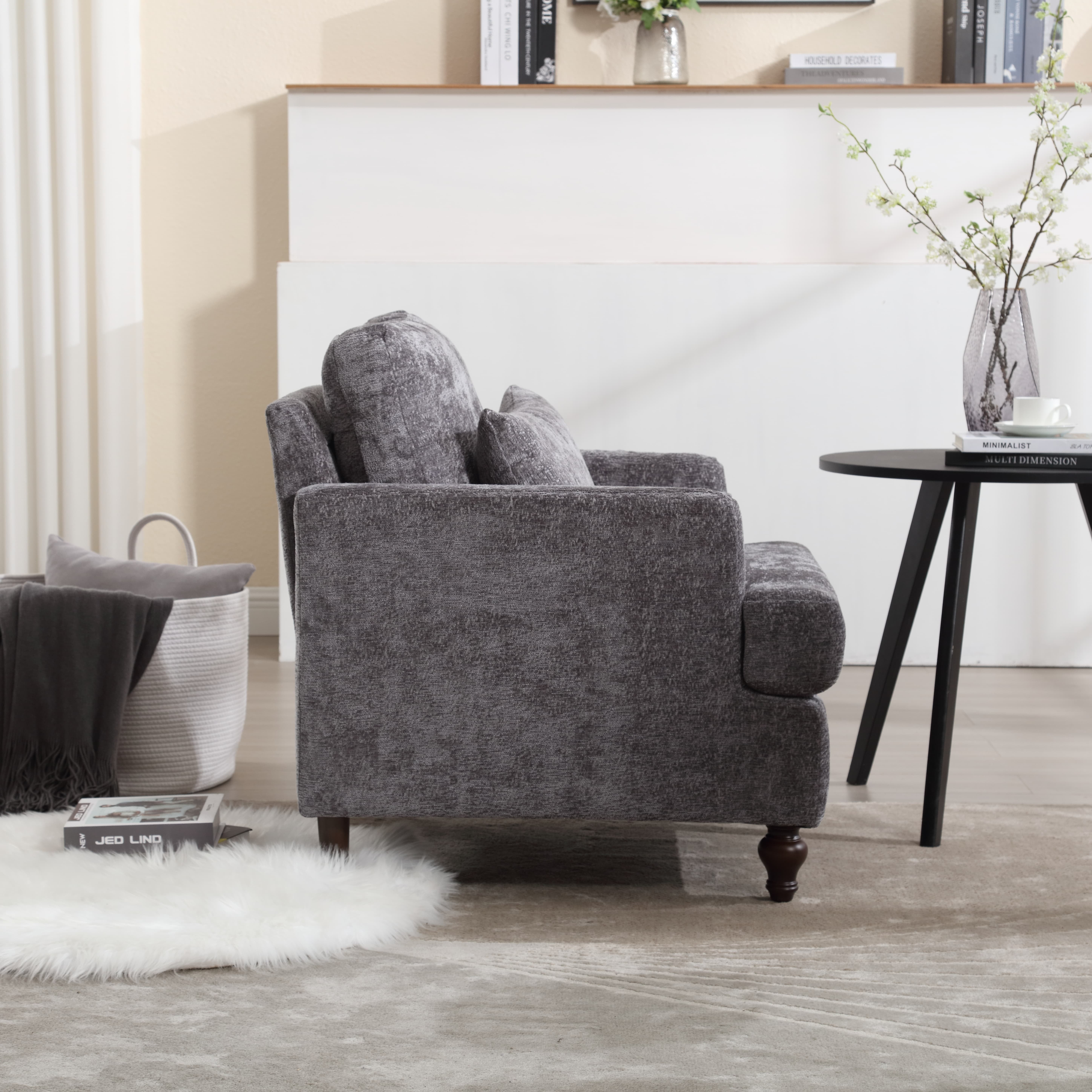 MAYEERTY Wood Frame Armchair, Modern Accent Chair Lounge Chair Tufted Club Chair, Mid Century Modern Arm Chairs with Studded, Solid Wood Frame, for Bedroom, Reading (Gray Chenille)