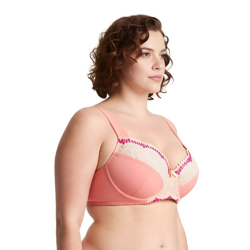 Curve Muse Plus Size Minimizer Underwire Bra With Lace Embroidery-2 Pack-BROWN,PEACH AMBER-46DD
