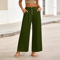thumbnail image 3 of YuXingFu Womens Fashion Solid Crinkled Crepe Button Decor Half Back Elastic Waist Casual Pocket Loose Wide Leg Long Pants Army Green XXL, 3 of 8