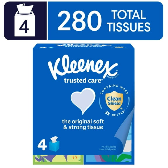 Kleenex Trusted Care Facial Tissues, 4 Cube Boxes, 70 Tissues per Box, 2-Ply