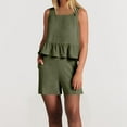 thumbnail image 4 of Aoujea 2 Piece Outfits for Women Plus Size Lounge Matching Sets Solid Outfits Linen Ruffle Crop Square Neck Sleeveless Tank Tops And Short Pants Tracksuits Suit Two Piece Summer Sets, 4 of 8