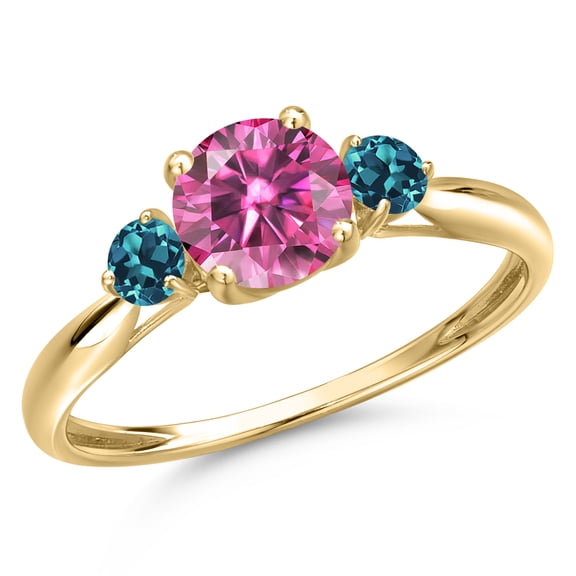 Gem Stone King 10K Yellow Gold Pink Moissanite and London Blue Topaz 3-Stone Ring for Women | 1.06 Cttw | Round 6MM | Gemstone Birthstone | Size 9