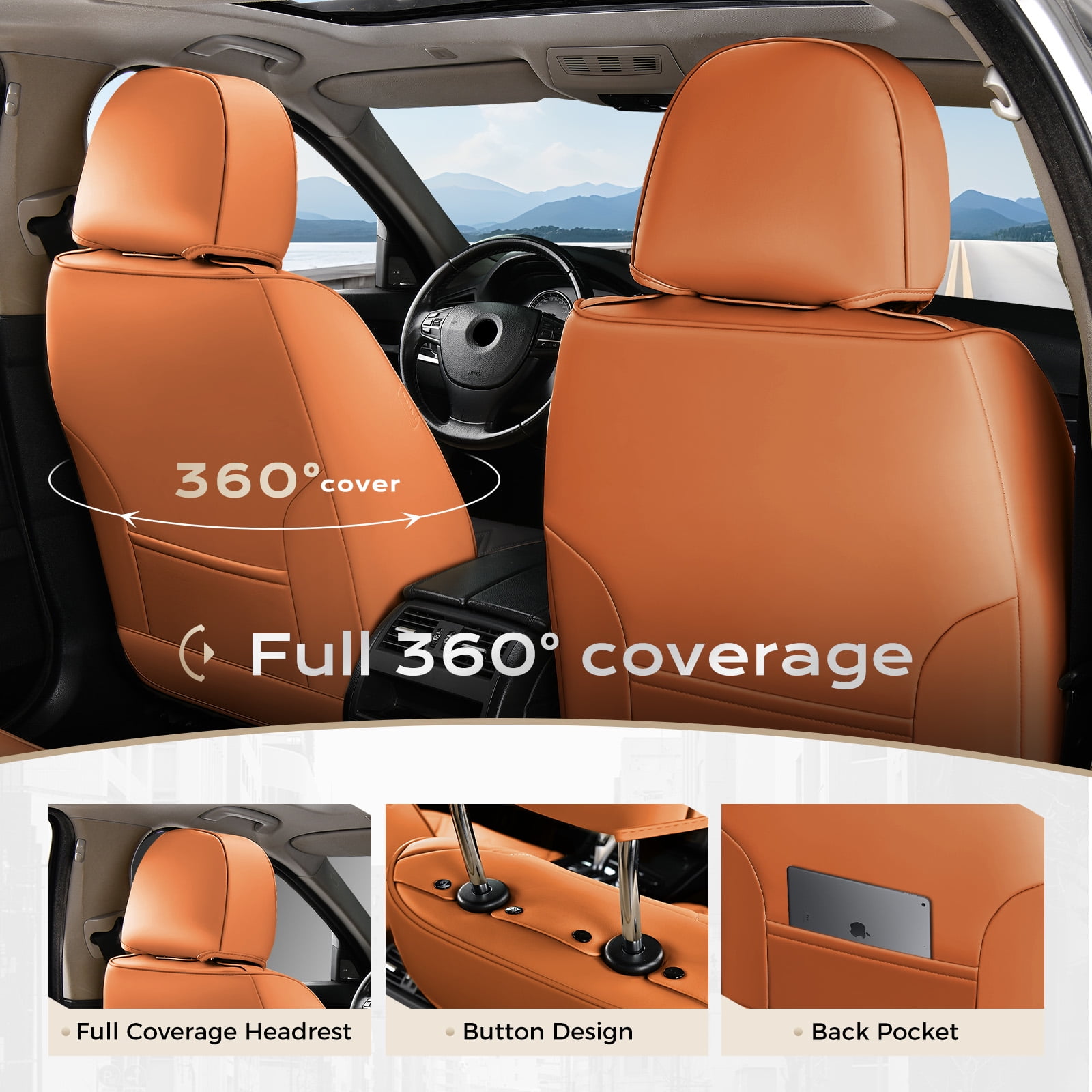 Coverado Black&Brown Car Seat Covers Full Set, Waterproof Premium Leather Front and Back Seat Protectors, Luxury Auto Interior Accessories, Universal Fit Most Cars Sedan SUVs Pick-up Trucks