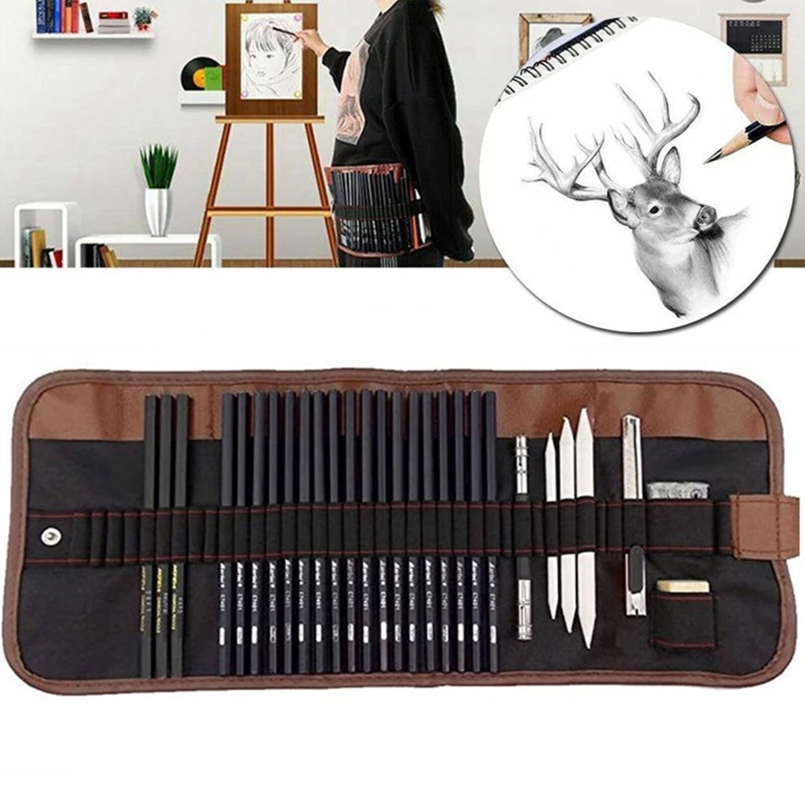 30PCS Pencil Set Drawing Sketching Charcoal Pencil Art Professional Art Supplies with Storage Pouch Bag Portrait Drawing Tool Great Gift for Adults Students Beginners And Artists