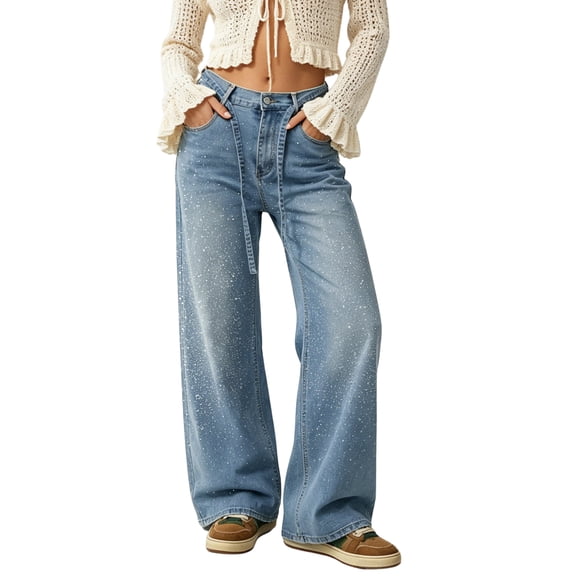 PUWEI Women's Rhinestone Wide-Leg Jeans Y2K Baggy Streetwear Denim Pants Casual High-Waisted Trousers