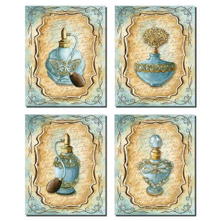 Gold Flush Set - 4 Lovely Vintage Light Blue and Gold Elegant Perfume Bottle Print Set; Four 8x10in Poster Prints