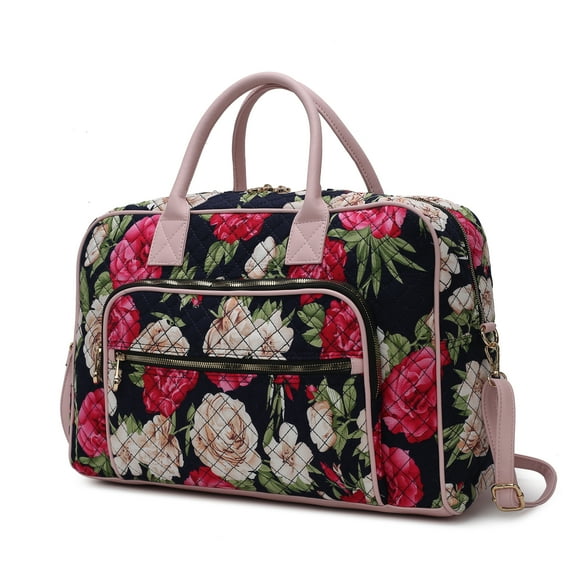 MKF Collection Jayla Cotton Botanical Women's Duffle Bag, Sleek Weekender Purse Handbag by Mia K - Navy