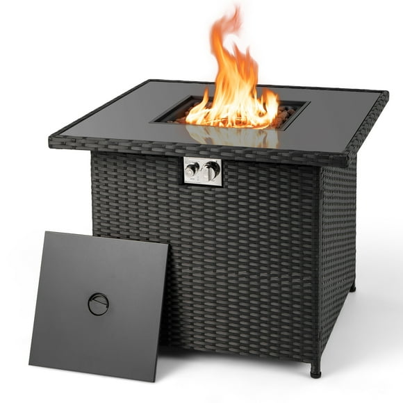 Gymax 32.5'' Propane Fire Pit Table Outdoor Wicker Gas Firepit w/Stainless Steel Burner Black