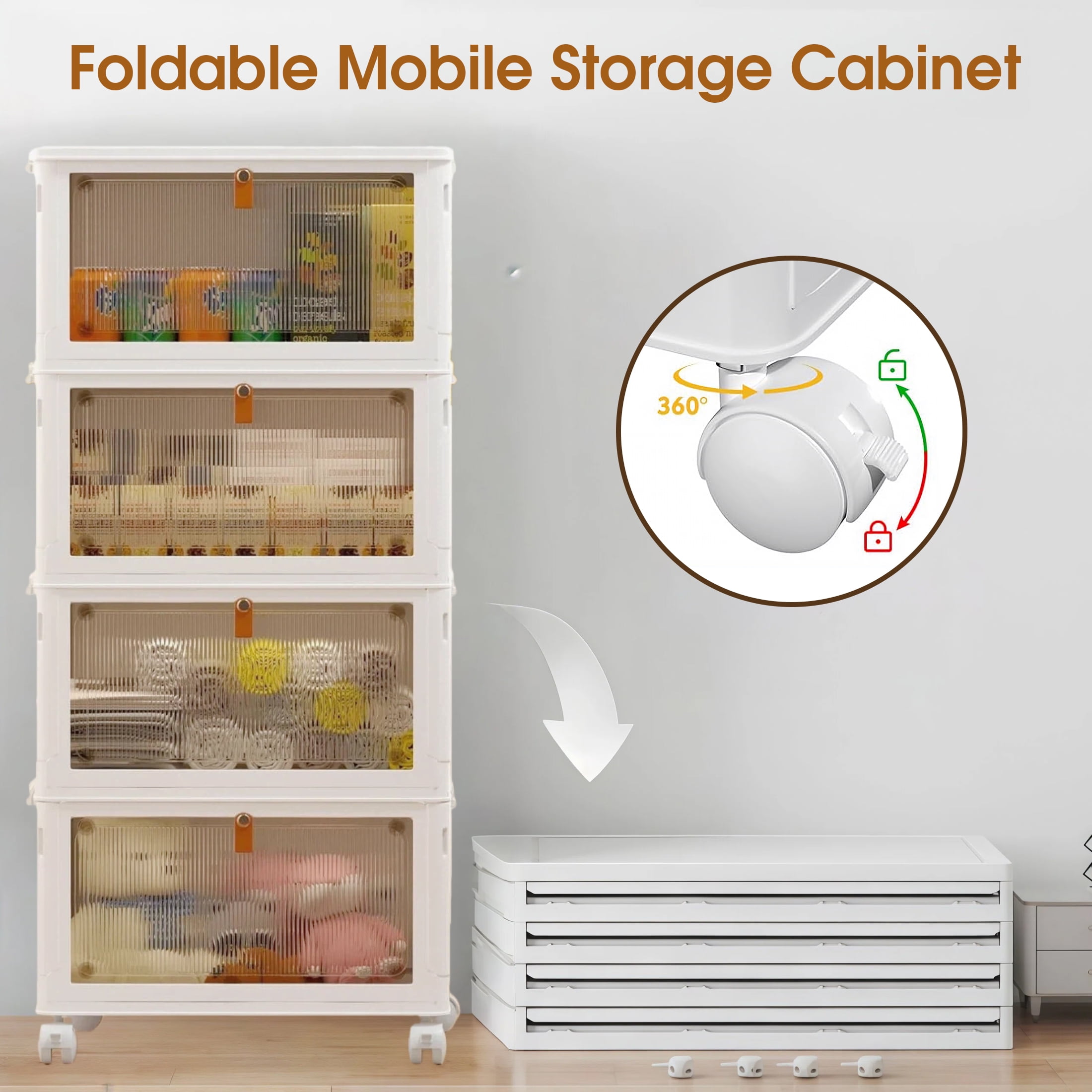 4 Tier Stackable Storage Bins with Lids, 92 QT Foldable Storage Cabinet with Doors and Wheels, Plastic Storages Drawers Closet Organizers for Bedrooms, Living Rooms Dorm, White