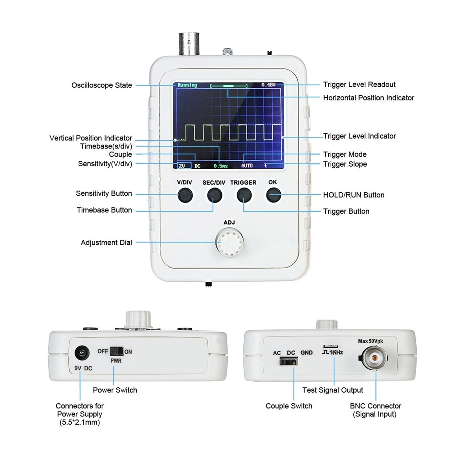 Portable Oscilloscope DSO150 Oscilloscope Digital Multimeter 200kHz Bandwidth 1 Channel 2.4" Display 1MSa/s Support 80KHz ,Professional Designed