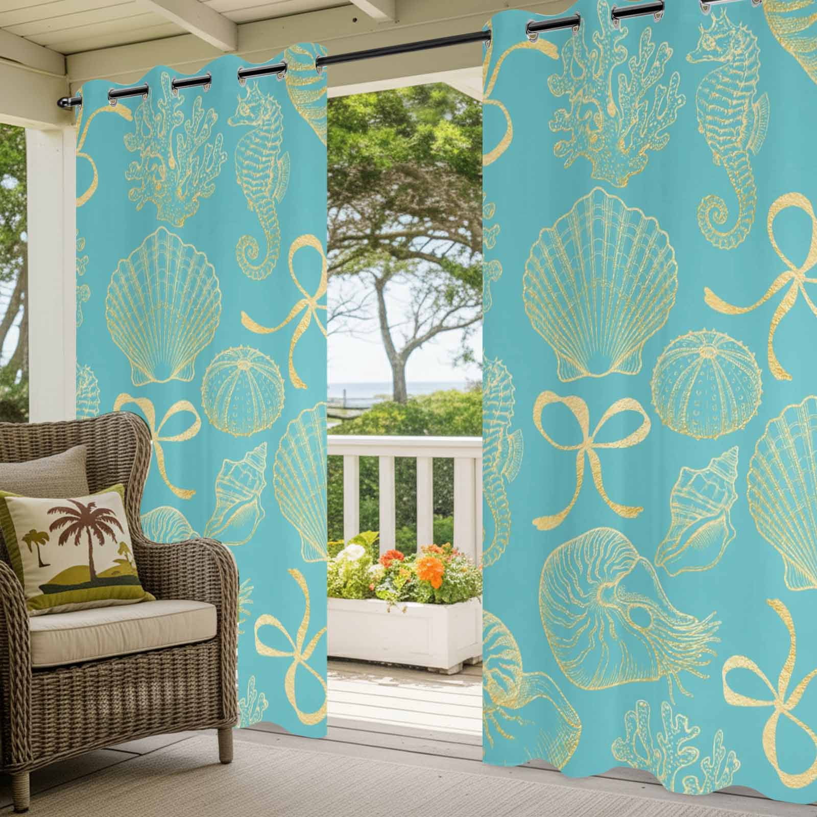 Ocean Shell Outdoor Curtains for Patio, Gold Seahorse Shells Bowknot Coral Blue Sunshade Privacy Drapes Grommet Waterproof Outside Curtains for Porch/Cabana/Balcony 54"x 108", 1 Panel