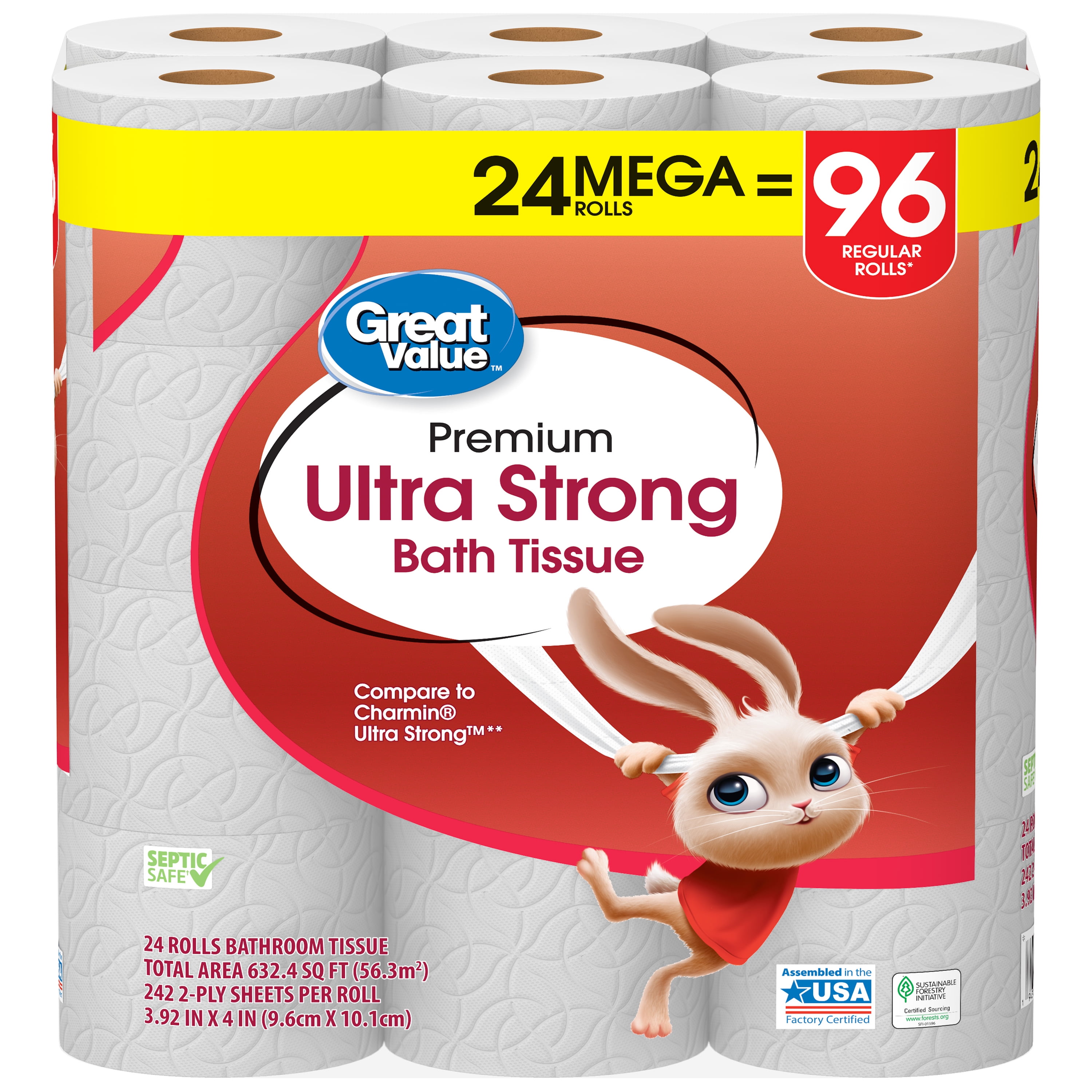 Great Value Ultra Strong 2-Ply Toilet Paper, 24 Mega Rolls, Compare to Charmin® Ultra Strong™