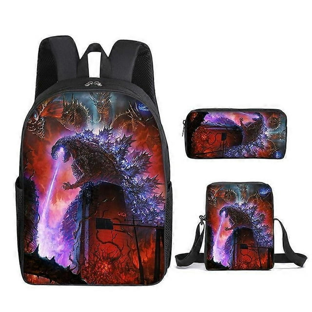 Mochila con estampado de Godzilla, juego de 3 piezas, mochila para portátil de 17 pulgadas, mochila escolar, mochila de viaje multifuncional unisex