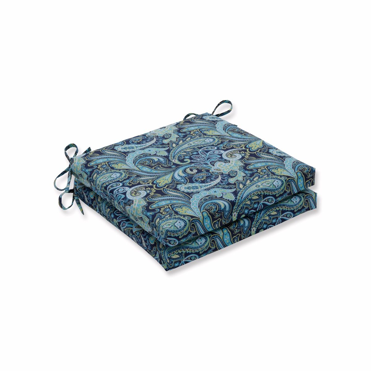 Set of 2 Blue Paisley Motif Outdoor Patio Corner Seat Cushion with Ties 20"