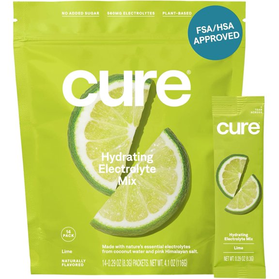 Cure Hydration | Plant-Based Electrolyte Drink Mix | No Added Sugar | FSA & HSA | Dehydration Relief Powder Made with Coconut Water | Non-GMO | Vegan | Pouch of 14 Packets - Lime