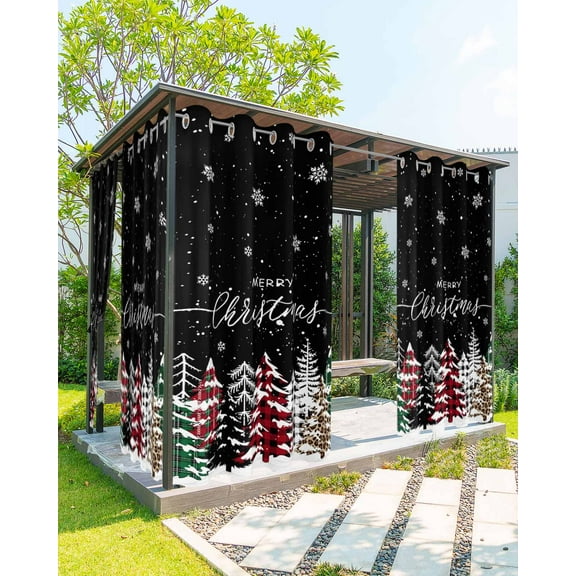 Outdoor Curtains for Patio, Black Christmas Tree Waterproof Blackout Outside Curtain for Porch/Pergola/Gazebo, Winter Xmas Tree Snowflake Thermal Insulated Drapes for Cabana, 1 Panel, 54 x 84 Inch