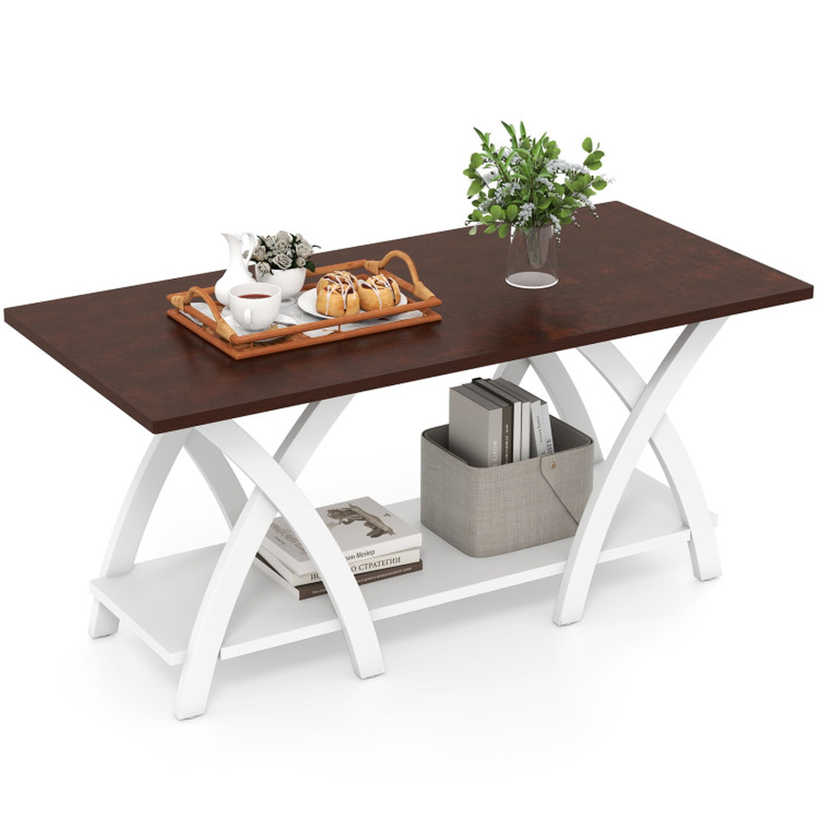Furnibear 40 Inch Farmhouse Wooden 2-Tier Coffee Table with Storage Shelf for Living Room - Walnut - Living Room Cocktail Center Table