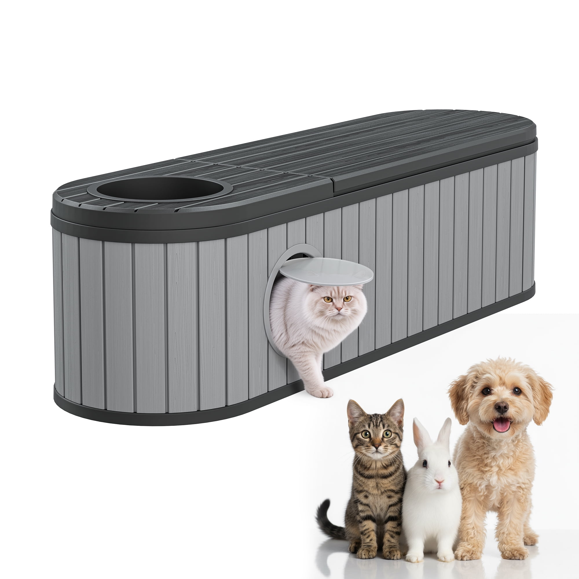 LHBcraft Cat Litter Box Enclosure,HDPE Cat Cabinet with Round Lift-Up Door,Hidden Cat Litter Box Furniture for Bedroom and Living Room,Gray