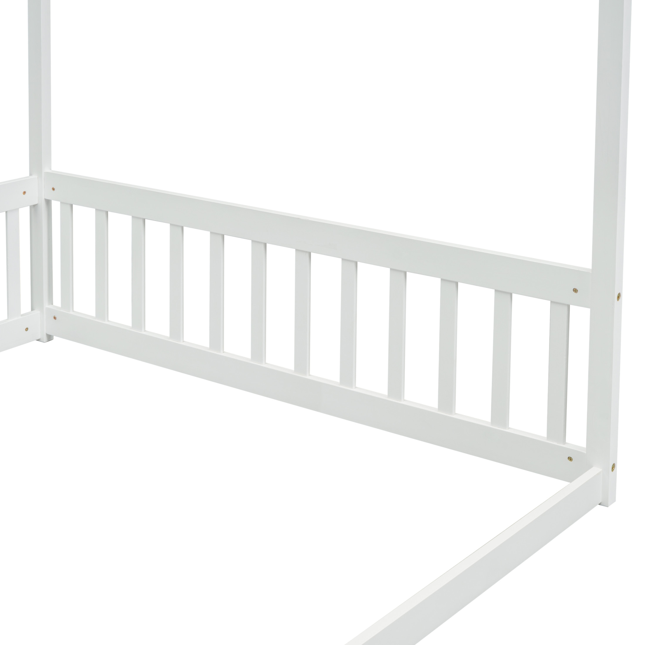 Noble House Dorris Full Canopy Floor Bed with Fence Guardrails, Solid Rubber Wood Montessori Bed, Kid's Room, White