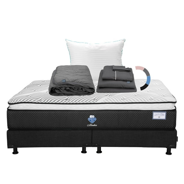 Colchon King Size Alaska+Box Base Cama+Almohada Royal+Protector Lux+Sabanas Royal